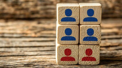 Poster - Colorful wooden blocks displaying person icons, representing team dynamics and diversity in a creative workspace setting.