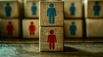 Poster - Wooden blocks with human figures in blue and red, symbolizing diversity, teamwork, and collaboration in a creative way.