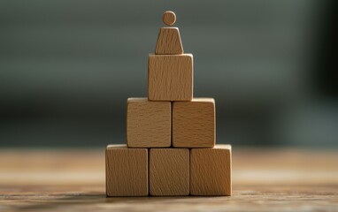 Poster - A minimalist pyramid of wooden building blocks with a figure on top, symbolizing growth and achievement in a serene environment.
