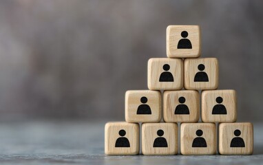 Poster - Wooden blocks with human icons representing teamwork, collaboration, and community building in a modern setting.