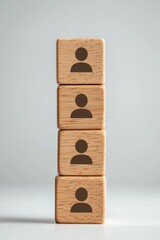 Poster - Stacked wooden blocks with human figures symbolize relationships, teamwork, and community representation in minimalistic design.