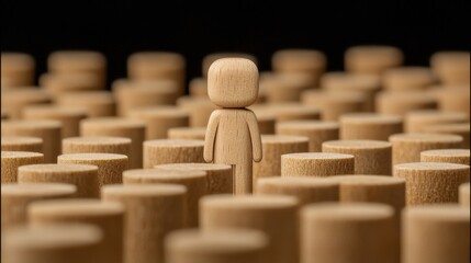 Poster - A lone wooden figure stands amidst a sea of wooden cylinders, symbolizing individuality and standing out in a crowd.