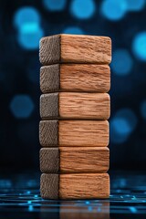 Poster - A vertical stack of wooden blocks on a blue glowing background, symbolizing stability and structure in design and play.