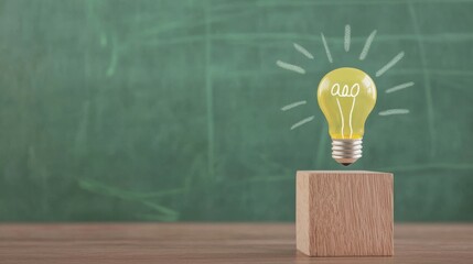 Poster - A glowing light bulb above a wooden block, symbolizing creativity and bright ideas against a green chalkboard background.