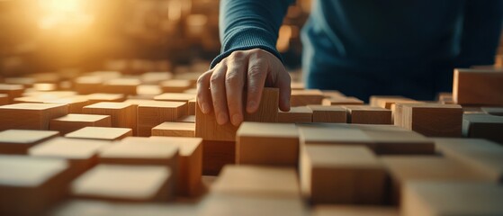 Poster - a close-up of a hand carefully selecting wooden blocks in a warm, lit environment, ideal for concept