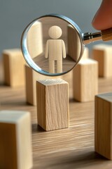 Poster - A wooden figure stands prominently under a magnifying glass, symbolizing focus and clarity amidst a chaotic arrangement of blocks.