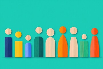 Poster - Colorful wooden figures standing in a row, representing diversity and community on a vibrant background.