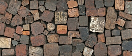 Poster - a textured background of assorted wooden blocks, showcasing various shapes, colors, and natural patt