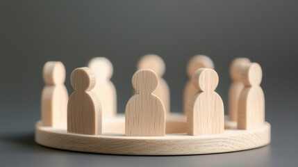 Poster - A circular arrangement of wooden figures symbolizing teamwork, collaboration, and community engagement.
