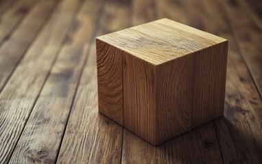 Poster - A rustic wooden cube placed on a textured wooden surface, showcasing natural grain and warm tones, perfect for various design projects.