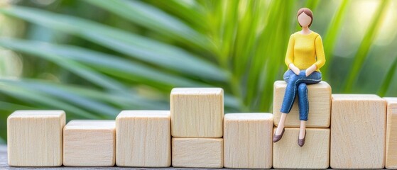 Poster - Miniature figure sitting on wooden blocks amid greenery, symbolizing growth and achievement in a serene environment.