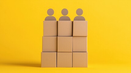 Poster - Creative representation of teamwork with cardboard boxes and simple figures on a bright yellow background.