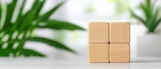 Wall Mural - Minimalistic wooden blocks arranged on a table with greenery in the background, perfect for creative and educational themes.