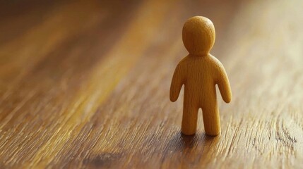 Poster - A wooden figure stands alone on a polished wooden surface, symbolizing isolation and simplicity in design.