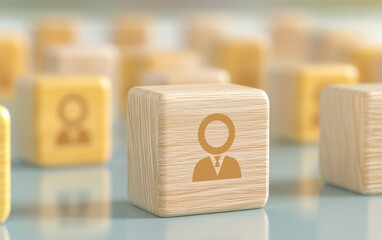 Poster - Abstract representation of teamwork and networking using wooden blocks with human icons, symbolizing collaboration and connection.
