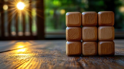 Poster - A serene scene of wooden blocks arranged artistically, illuminated by warm sunlight filtering through trees. Perfect for creative projects.