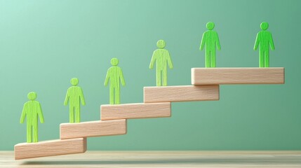Poster - Successful growth concept with green figures on wooden stairs symbolizing progress and teamwork in business and life.