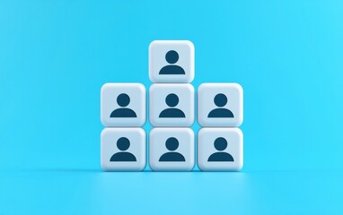 Poster - Three pyramid-shaped stacks of user icons on light blue background symbolize teamwork, collaboration, and community.