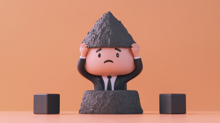 A cartoon figure in a suit struggles to lift a heavy pyramid-shaped object, symbolizing stress or pressure.