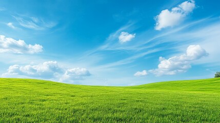 Poster - Lush green grass covers rolling hills, creating a serene landscape under a vibrant blue sky dotted with fluffy white clouds, offering a picturesque view of nature's beauty