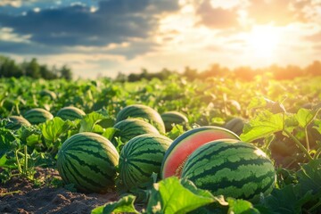 Wall Mural - Harvest of sweet ripe watermelons on a field under the sun's rays. Agricultural business development concept, growing melons and watermelons
