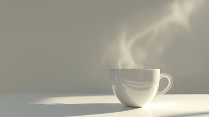 Canvas Print - A steaming coffee cup on a white surface, with the steam rising in soft wisps against the bright background.