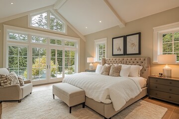 Aufkleber - Modern bedroom with large windows overlooking a serene landscape and cozy decor in a calming color palette