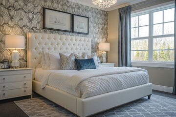 Poster - Elegant bedroom design featuring a plush bed and stylish decor in a contemporary setting