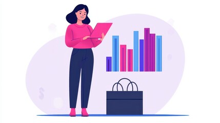 Poster - A woman in a pink top analyzes data represented by colorful bar graphs while standing next to a briefcase.