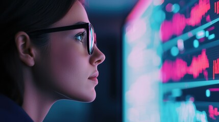 Poster - A focused individual analyzes vibrant data on a screen, showcasing the intersection of technology and human cognition in a modern workspace.