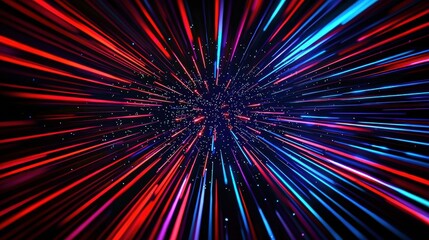 Poster - Vibrant red and blue lines create a dynamic light speed effect on a black background, conveying motion and energy with a futuristic feel
