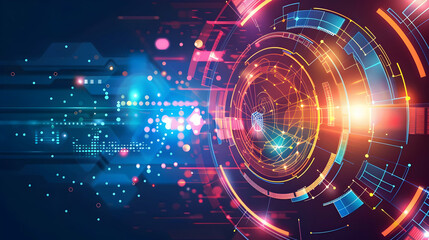 Poster - Abstract digital technology background with vibrant circular patterns and glowing elements