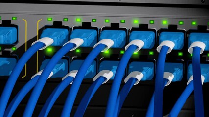 Wall Mural - server room of high tech internet data center. wire cables connecting lan cable to mainframe switch