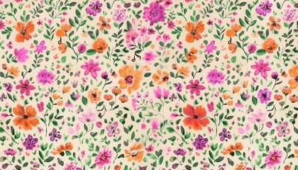 Poster - hand painted floral pattern with orange and pink wildflowers on a cream background for fabric, wallpaper, and decor