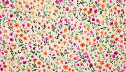 Poster - hand painted floral pattern with orange and pink wildflowers on a cream background for fabric, wallpaper, and decor