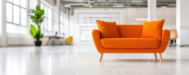 Wall Mural - A vibrant orange sofa is positioned in a bright, spacious room, complemented by greenery and an airy design.