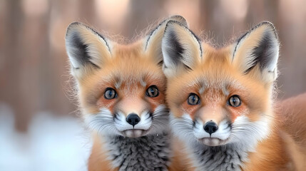 Wall Mural - Two red fox kits in snowy woods, winter wildlife