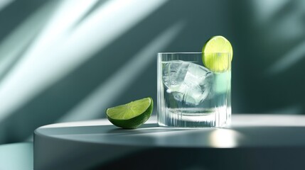 Canvas Print - Close-up of a cocktail glass with a lime garnish on a podium, illuminated by soft light, emphasizing the drink's appeal.