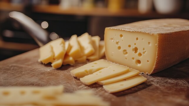 Close-up of a Maasdam cheese piece with distinctive holes, accompanied by neatly arranged slices on a cutting board.