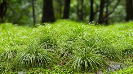 Wall Mural - Lush green grass, park, rain, background trees, nature scene