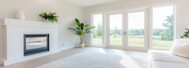 Poster - Bright modern living room with white fireplace, large windows, and cozy rug, featuring green plants and serene outdoor view