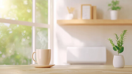 Poster - cozy morning scene with steaming cup of coffee on wooden table, sunlight streaming through window, and small potted plant adding fresh touch