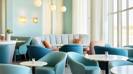 Poster - modern cafe with pastel colored furniture, round tables, and large windows creating bright and inviting atmosphere