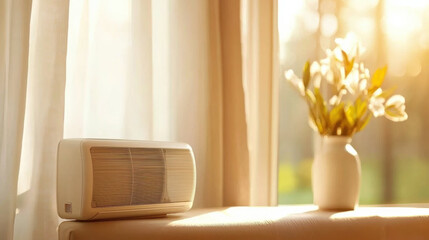Poster - compact air conditioner placed on windowsill with soft sunlight streaming through sheer curtains, next to white vase with fresh flowers