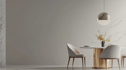Aufkleber - modern dining area with round marble table, gold base, two upholstered chairs, and pendant light, set against marble and neutral wall