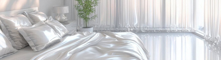 Poster - bright and serene bedroom with white satin bedding, sheer curtains, and potted plant by window, creating peaceful atmosphere