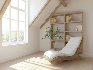 Aufkleber - cozy attic reading nook with wicker chaise lounge, wooden bookshelf, and potted plant, bathed in natural light from large window