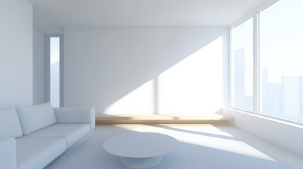 Wall Mural - Minimalist living room with white furniture, large windows, and natural light creating serene atmosphere