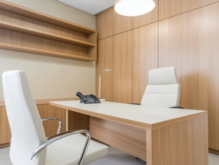Poster - Modern office interior with wooden furniture, white chairs, and desk lamp under soft lighting