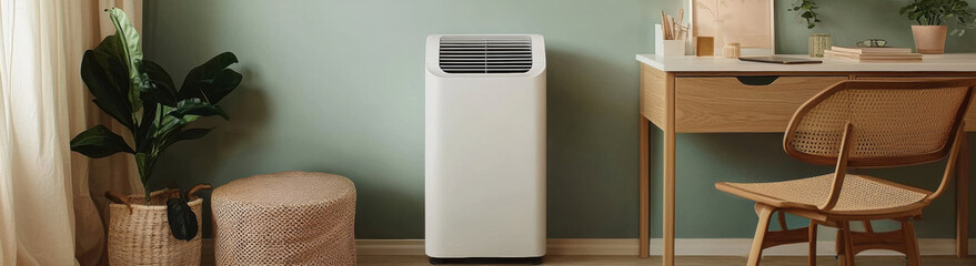 Poster - modern portable air conditioner placed in cozy home office with wooden desk, chair, and indoor plants, creating refreshing atmosphere